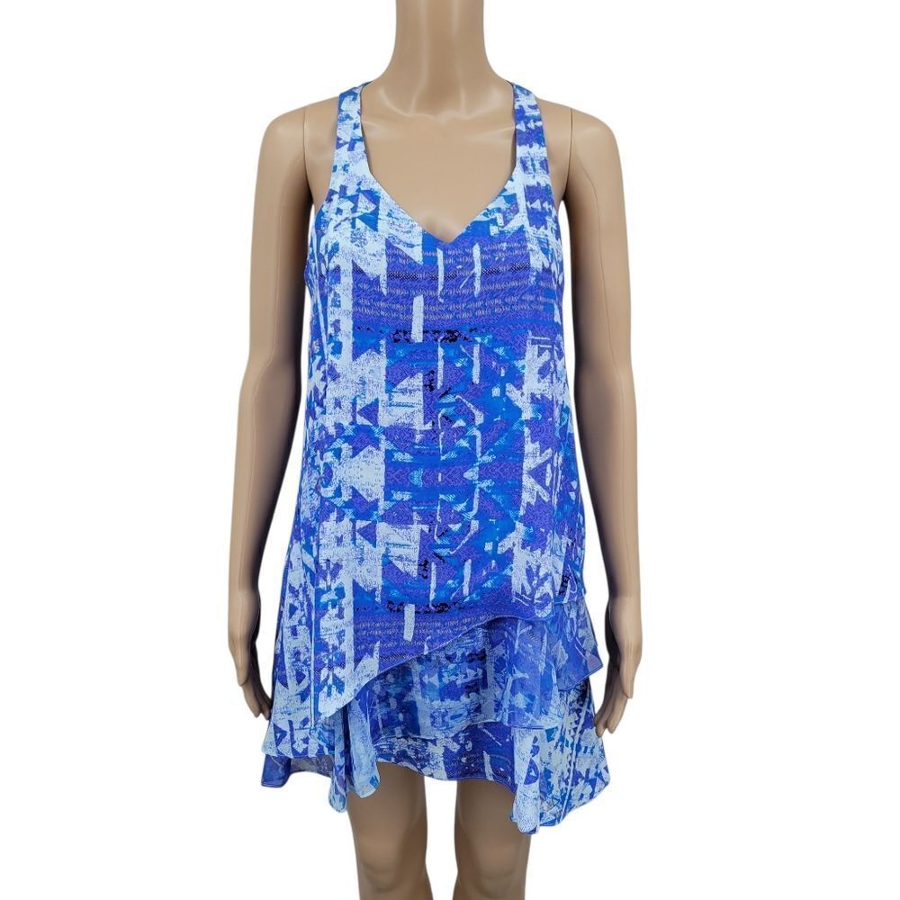 Parker Silk Teired Blue Eve and White Patterned Mini Dress Racerback Women's XS